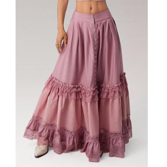 Solid Pink Button. Detail Lace Ruffle hem Flowy Maxi Skirt - Picture 3 of 6